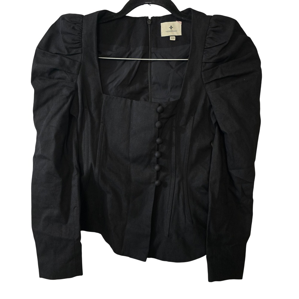Tuckernuck Black Cotton Puff‎ Sleeve Square Neck Button Front Top XXS